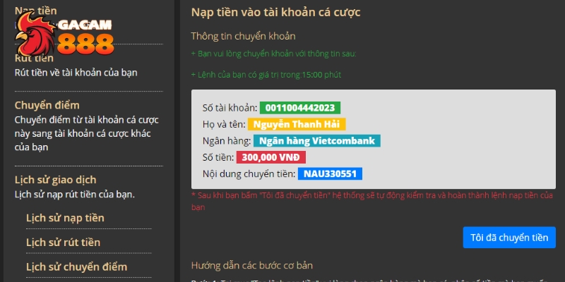 Hướng dẫn nạp tiền Gacam888 qua ngân hàng